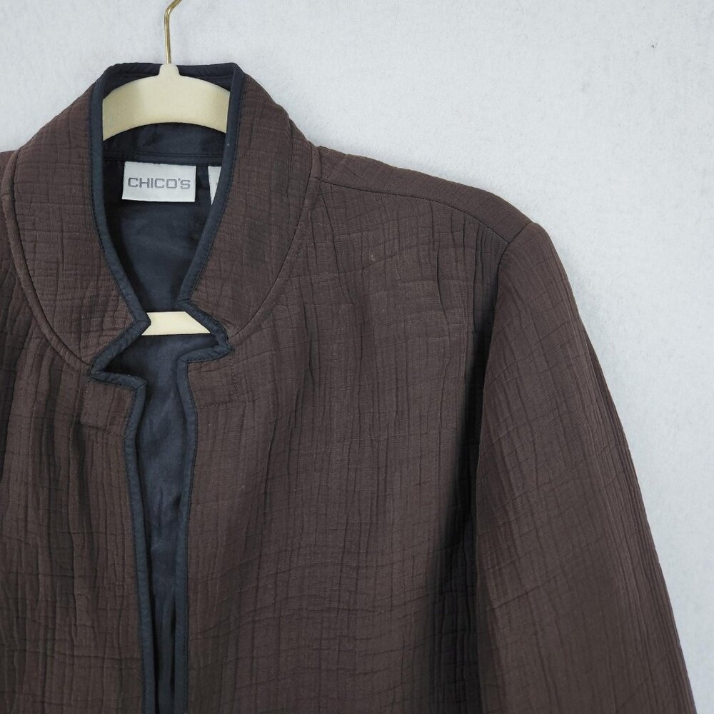 Chicos Jacket Womens 1 Brown 8 Silk Blend Textured Crinkle Open Front Blazer - Picture 2 of 11